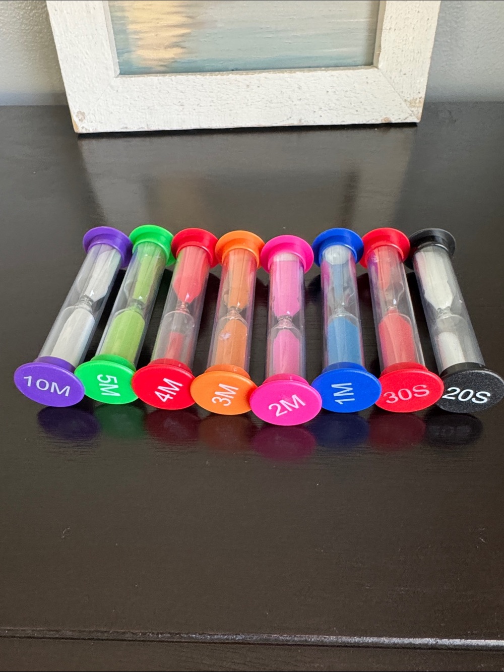 8 pc Colorful Sand Timer Set - All different.  20, 30 seconds, 1 minute, 2-5 10